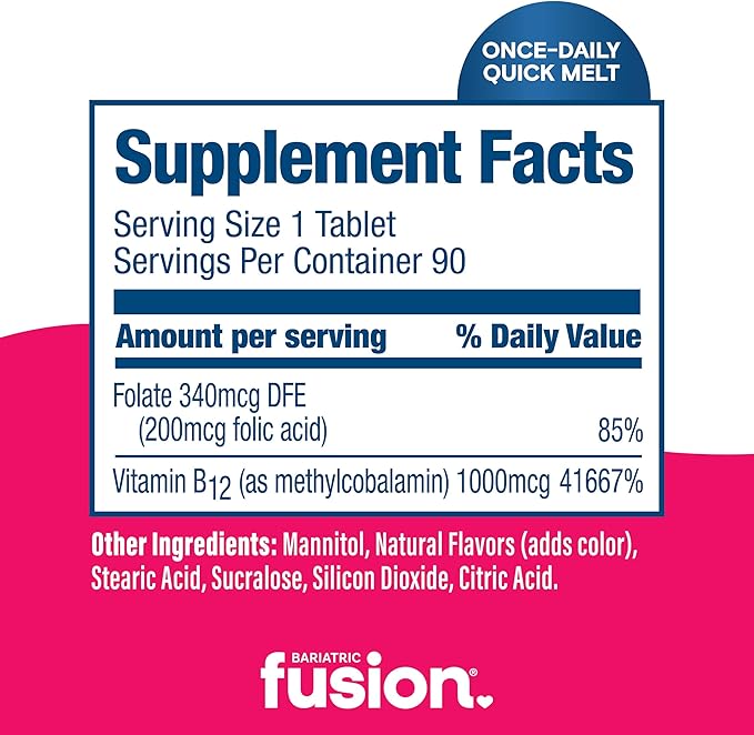 Bariatric Fusion Vitamin B12 Sublingual 1000 mcg Melts | Cherry Berry Flavored | Vitamin B12 Dissolve Under Tongue Tablets with Folic Acid | Sugar Free | Methylcobalamin | 90 Count