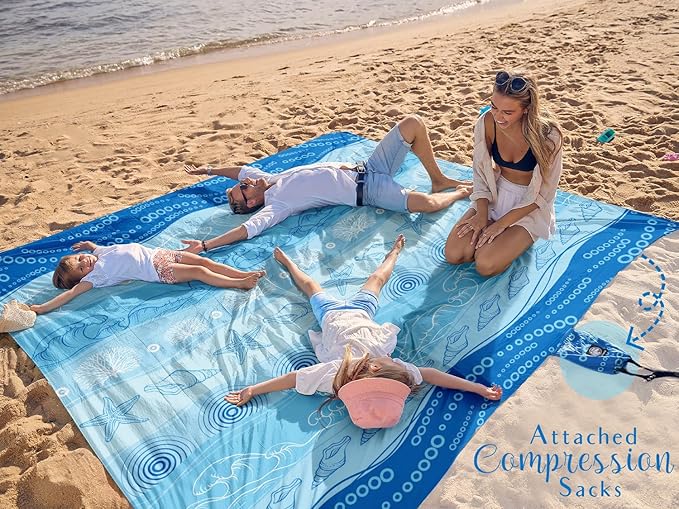 WEKAPO Beach Blanket Waterproof Sandproof Oversized Extra Large Sand Free Beach Mat with Stakes, Storage Bag - Essentials for Outdoor Beach, Picnic (Bohemian Starfish, 11 X 9 FT (1~10 Person))