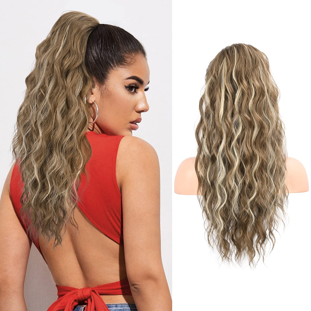 FLUFYMOOZ Ponytail Extension, 22 Inch Drawstring Ponytail Hair Extensions for Women， Long Curly Wavy Ponytail Natural Wavy Synthetic Hairpiece for Women (22 Inch Medium Brown Ash Blonde)