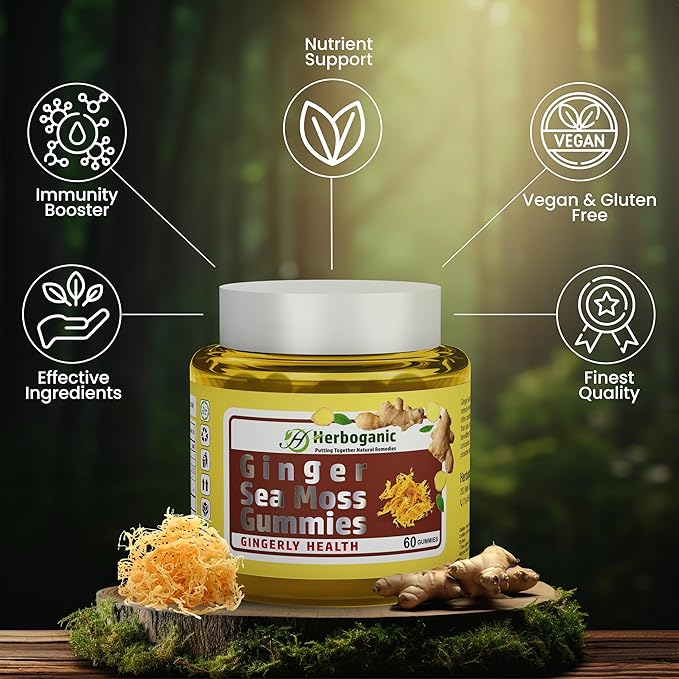 Ginger Sea Moss Gummies - Herbal Support for Immune & Digestive Health - Plant-Powered, Gluten-Free & Vegan-Friendly - 60 Count