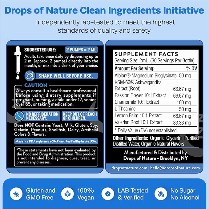 Magnesium Glycinate & Ashwagandha Liquid Drops with Valerian Root, Chamomile, Passion Flower, Lemon Balm & L-Theanine - Vegan Fast Absorption - Supplement for Wellness & Relaxation (Mixed Berry, 60mL)