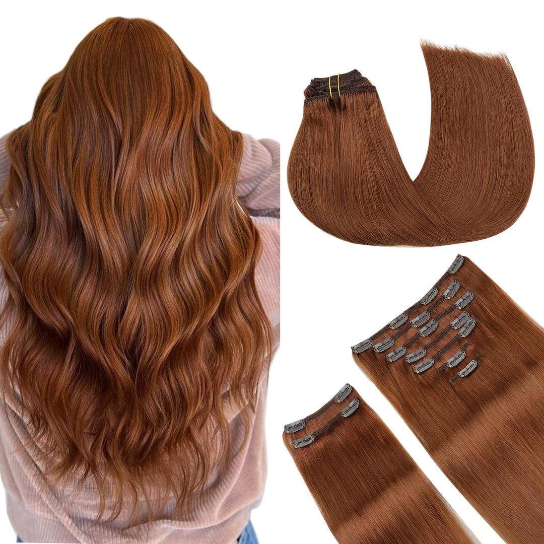 Maxita Human Hair Extensions Clip In,150G 9Pcs Bronzed Amber 24 Inch,Hair Extensions Clip In Real Human Hair Remy Hair Extension