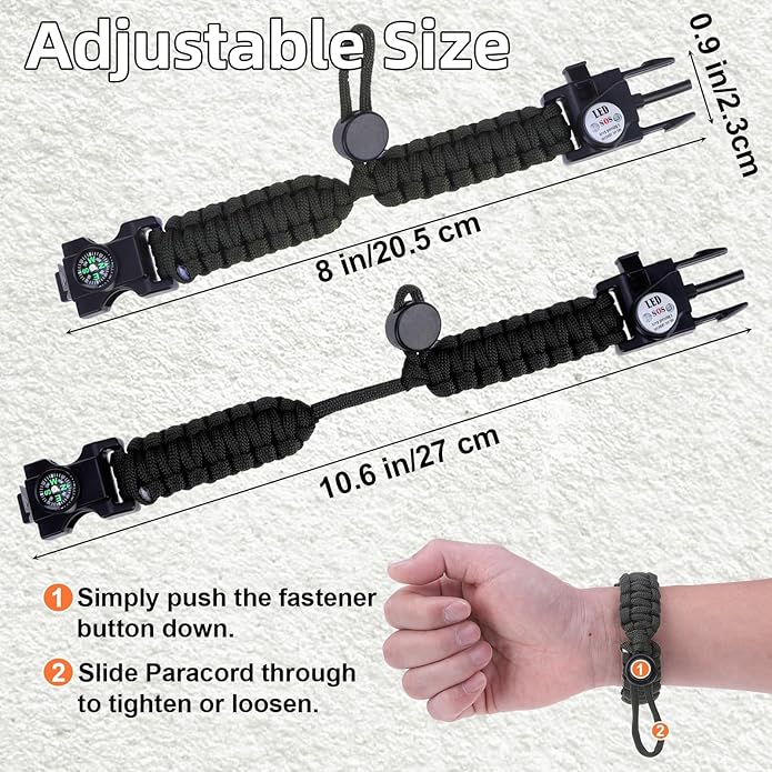 Adjustable Survival Paracord Bracelet, 2 Pack Emergency Fire Starter Kit with Loud Whistle Compass Light Flint Steel for Hiking Fishing Hunting, Tactical Gear Equipment Multitools