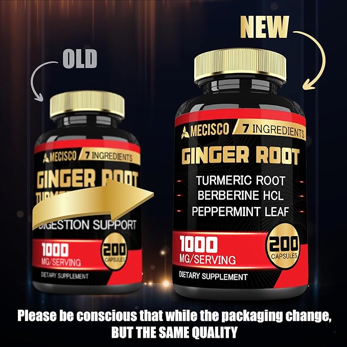 7-in-1 Ginger Root Supplement with Turmeric Curcumin, Berberine, Peppermint Leaf, Astragalus Root, Ceylon Cinnamon, Beet Root - 200 Capsules