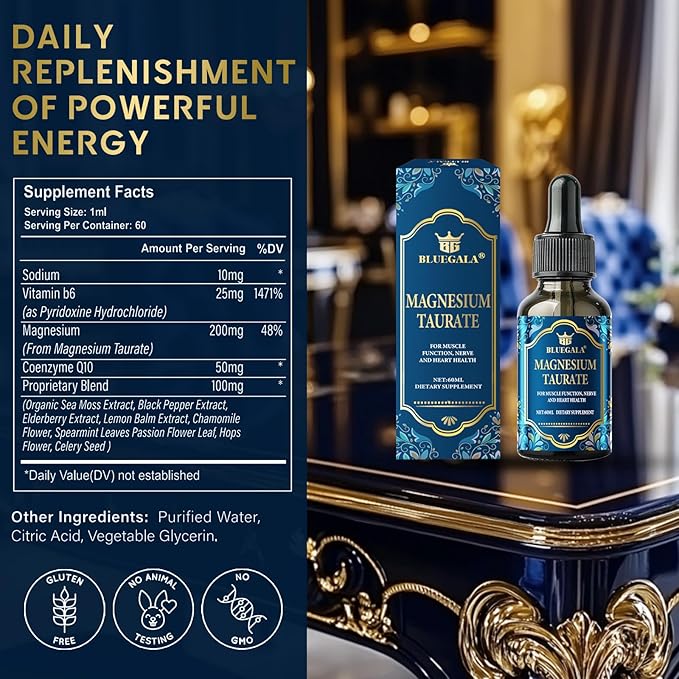 Magnesium Taurate Liquid Drops, High Absorption Magnesium Supplement with B6 and Coenzyme Q10, Promotes Heart, Muscle and Immune Health, Improves Sleep, Vegan, Non-GMO, 2.1 Fl Oz