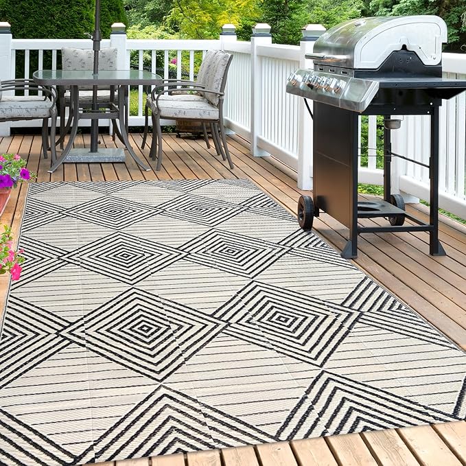 Waterproof Outdoor Rug 5x8ft, Foldable Reversible Plastic Straw Mat for Patio RV Deck Porch Backyard Balcony Camping Picnic Beach Indoor Outdoor Carpet, Black&Beige