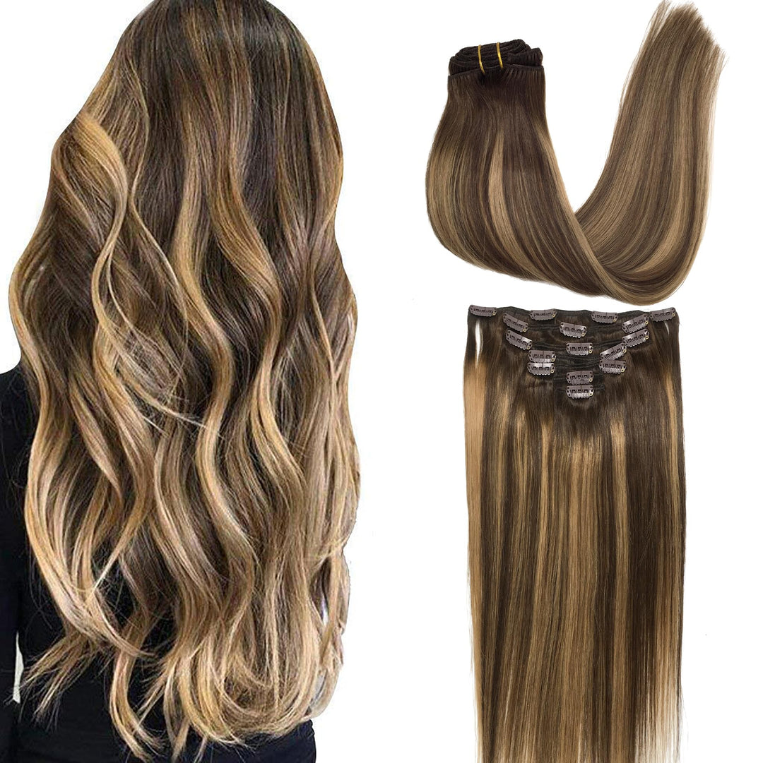GOO GOO Clip in Hair Extensions Real Human Hair, Remy Human Hair Extensions Clip ins for Women, Natural Human Hair, 16inch 120g 7Pcs, 4/27/4 Balayage Chocolate Brown to Caramel Blonde