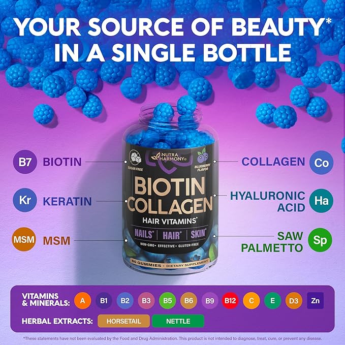 Biotin Gummies with Collagen - Hair Growth Support Skin, & Nail Strength - for Women & Men - Biotin 10000mcg | Keratin | Hyaluronic Acid | B-Complex | Saw Palmetto - Sugar-Free, Blueberry - 60 Gummy