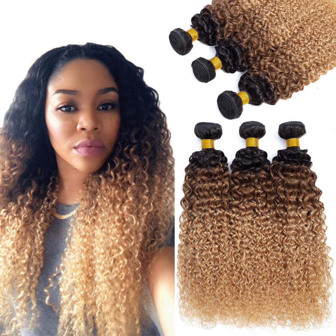 12A Ombre Bundles Human Hair (T1B/30/27,10'' 12'' 14'') Ombre Curly 3 Bundles Human Hair 100% Unprocessed Virgin Brazilian Ombre