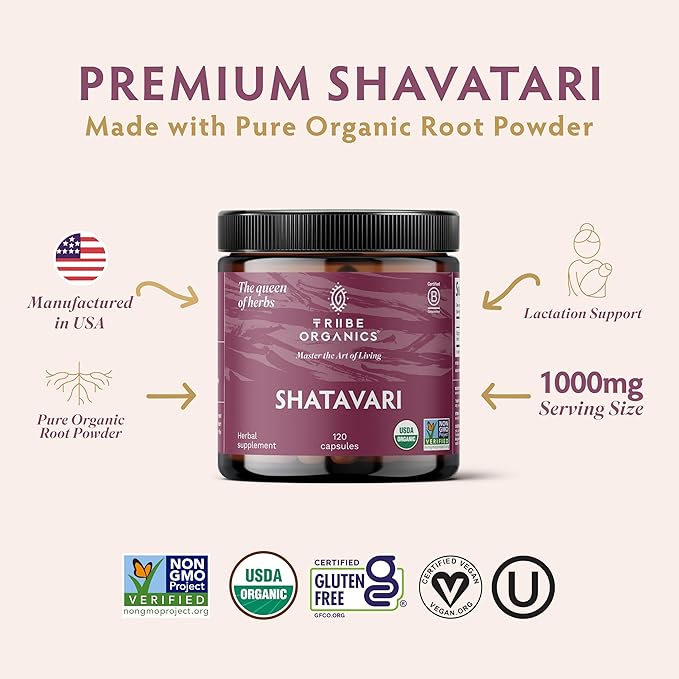 TRIBE ORGANICS Organic Shatavari Herbal Supplement - Hormonal Balance | Women’s Reproductive Health | Lactation | Immune & Inflammatory Support - Non-GMO USDA Organic 120 Vegan Capsules