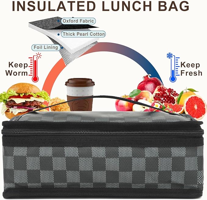 FlowFly Small Insulated Lunch box Portable Soft Bag Mini Cooler Thermal Meal Tote Kit with Handle for Work, Plaid