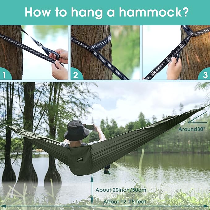 G4Free Large Camping Hammock with Mosquito Net 2 Person Pop-up Parachute Lightweight Hanging Hammocks Tree Straps Swing Bed for Outdoor Backpacking Backyard Hiking