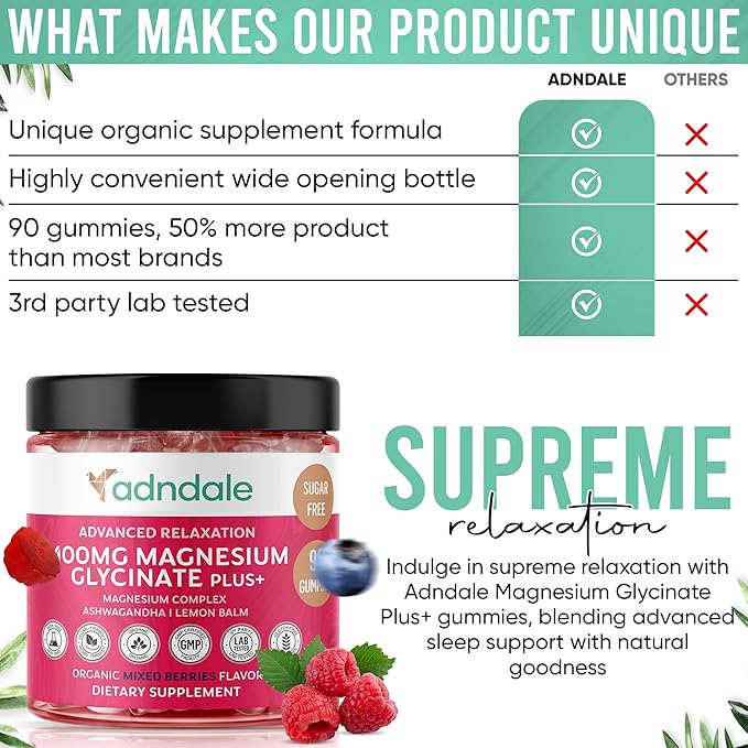 180 CT Magnesium Glycinate Gummies 400 mg/Serv - with Ashwagandha, Magnesium Malate & Taurate - Sugar Free Chews for Adults & Kids Relaxation, Stress Relief, Night Rest, Muscle & Cardio Support