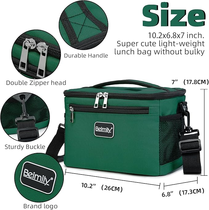 BEIMILY Lunch Box for Men/Women,Small Insulated Lunch Bag,Reusable LunchBox for work Picnic Beach,Leakproof Soft Cooler Tote Bag Organizer with Adjustable Shoulder Strap for Adults(Blackish Green)