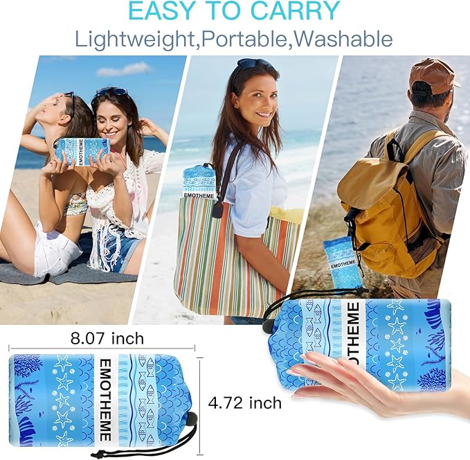 Beach Blanket, Sandproof Beach Mat 79" X 82" for 4-7 Adults, Large Waterproof Beach Blanket Quick Drying Lightweight Beach Blanket with 4 Stakes for Travel Camping Hiking(Blue Sea World)