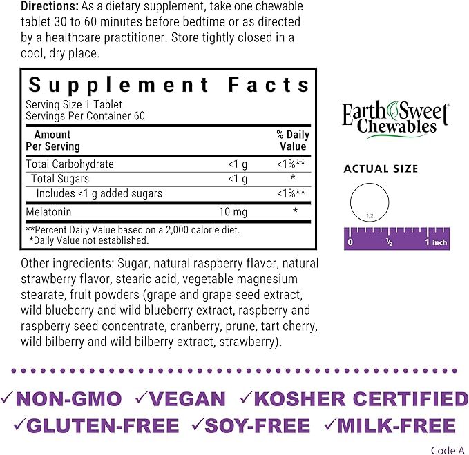 BlueBonnet Nutrition EarthSweet Melatonin 10 mg Fast-Acting Quick Dissolve Nighttime Relaxation & Restful Sleep Support - Sleep Aid - Gluten-Free, Vegan - Raspberry Flavor - 60 Chewable Tablets