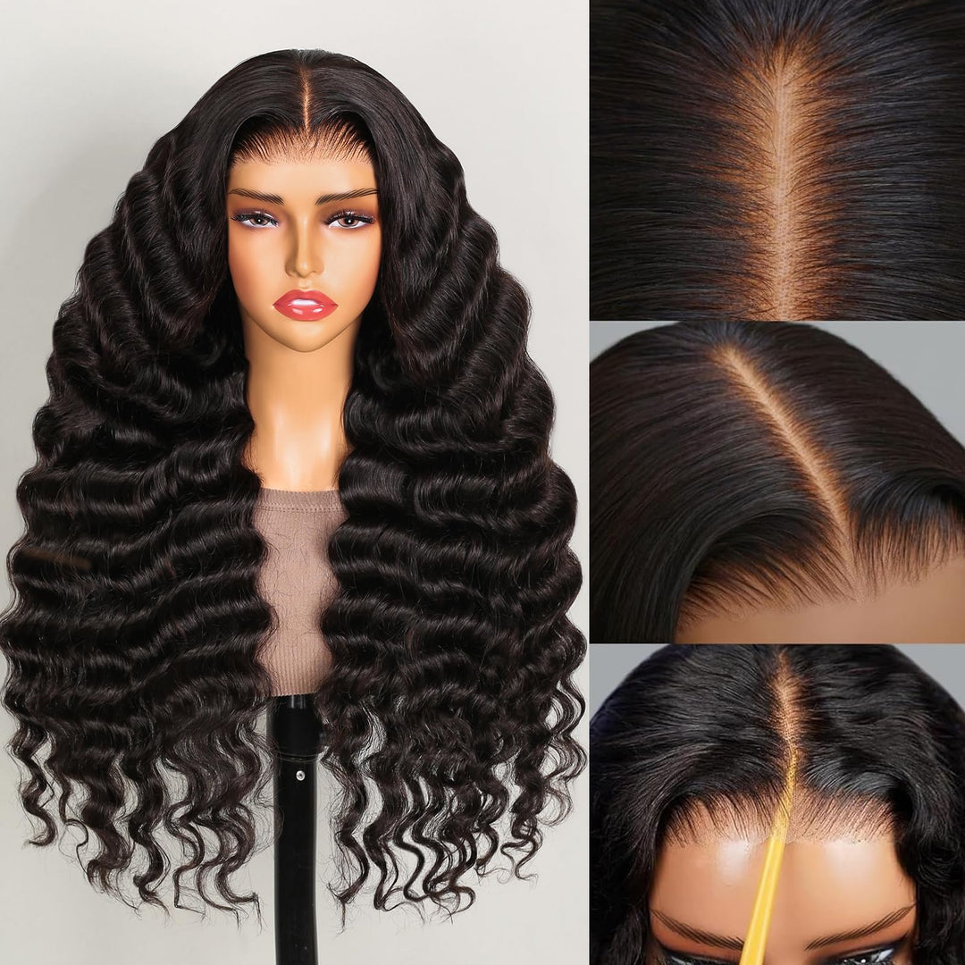 Megalook Gluelesss Wigs Human Hair Pre Plucked 6X5 Hd Closure Wigs Wear And Go Loose Deep Wave Lace Front Wigs 12A 220% Density