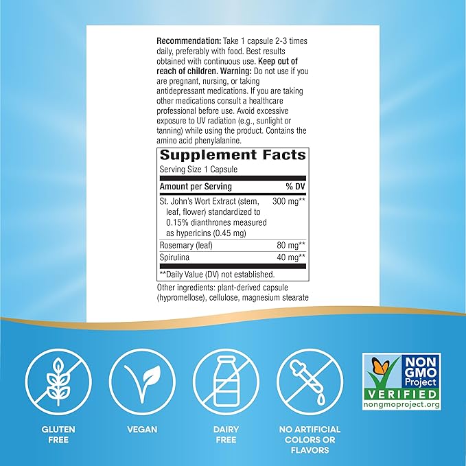 Nature’s Way St. John’s Wort Premium Extract – Promotes a Positive Outlook* - With Rosemary Leaf & Spirulina - Non-GMO Project Verified & Vegan - 90 Capsules