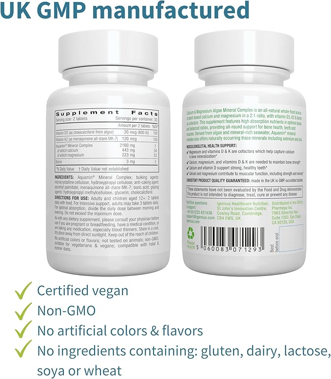 Vegan Omega-3 + Calcium & Magnesium Complex Vegan Bundle, Sustainable EPA & DHA Algae Oil 1340mg + 2:1 Plant Based Algae Mineral Complex, by Igennus