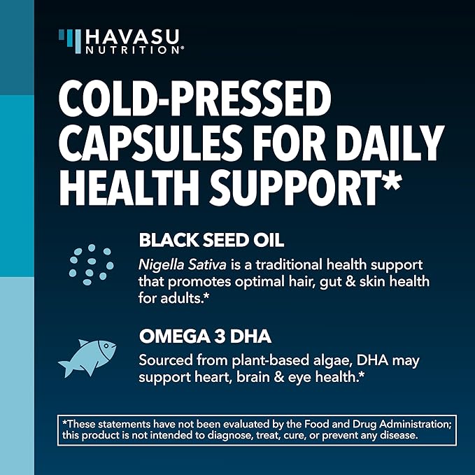 Black Seed Oil with DHA Supplement for Brain Health and Cognition - Cold Pressed Black Cumin Seed Oil and DHA Omega 3-60 Liquid Capsules, Unflavored, Vegan, Non-GMO, and Gluten-Free - 1 Month Supply