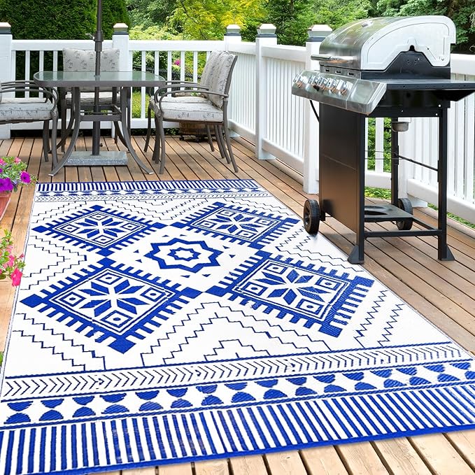 Waterproof Outdoor Rug 6x9ft, Boho Reversible Plastic Straw Mat for Patio RV Deck Porch Backyard Balcony Camping Picnic Beach Indoor Outdoor Carpet, Blue&White