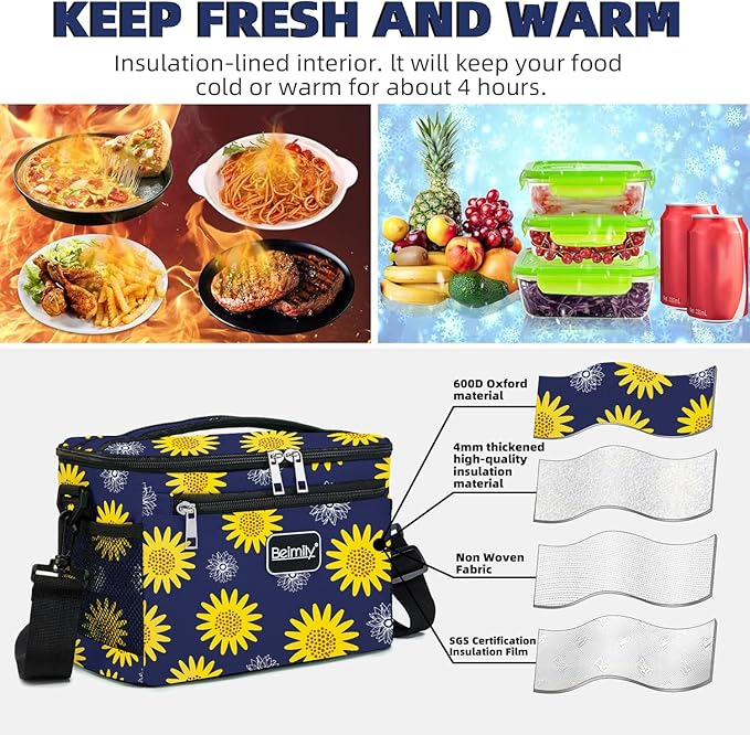 BEIMILY Lunch Bag for Women/Men,Reusable Lunch Box Small Cooler Bag Soft Sided,Leakproof Cooler Bag for Office Work Picnic Beach with Adjustable Shoulder Strap (sunflower), 2311A