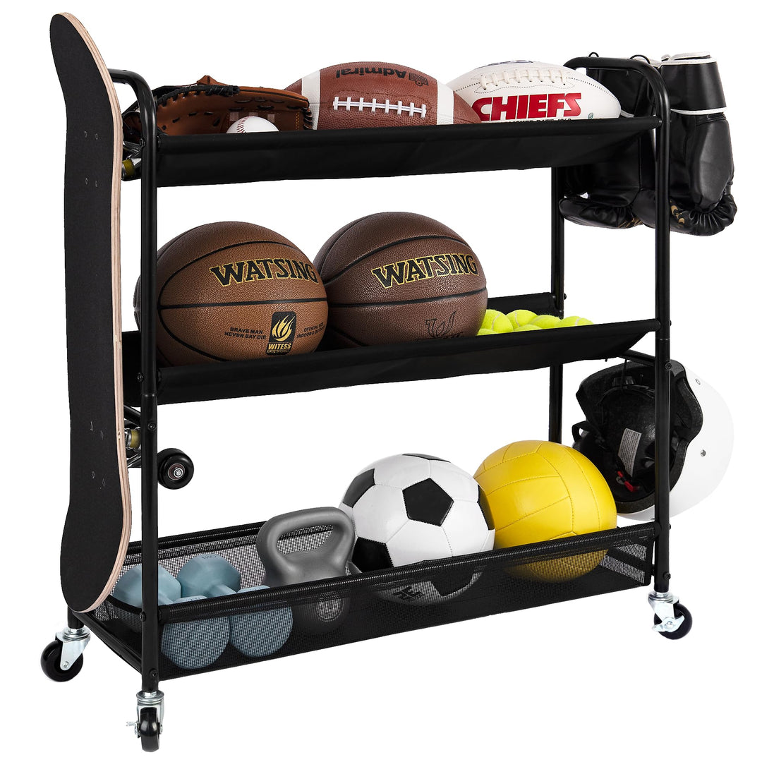 StorageWorks Garage Sports Equipment Organizer with Hooks, Ball Rack Organizer with Wheels, 3-Shelf Ball Rack for Basketball, Football, Volleyball, Medium