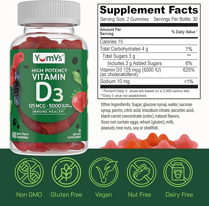 YUM-V'S Vitamin D3 Jellies, Vitamin D 5000 IU, Daily Dietary Supplement, Mixed Berry Flavor Chewable Jellies, Vegetarian, Gluten-Free and Kosher Halal - 60 Count