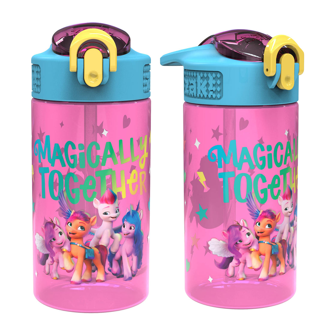 Zak Designs Kids Durable Plastic Spout Cover and Built-in Carrying Loop, Leak-Proof Water Design for Travel, (16oz, 2pc Set), My Little Pony 2pk, MPAG-7085