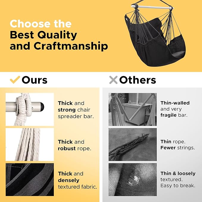 ADVOKAIR Hammock Chair Swing (500 lbs Max-2 Cushions) - Hanging Hammock Chair Rope Swing Indoor for Bedroom, Outdoor, Patio, Bedroom, Porch, Deck - Sturdy Steel Bar with Anti-Slip Safety Rings