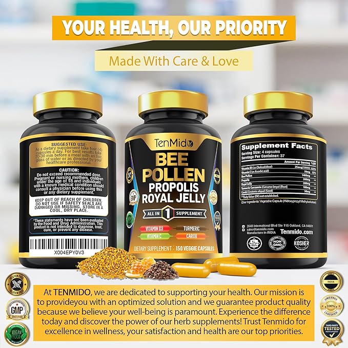 Organic Bee Pollen Supplement for Men and Women, 7in1 Formula with Propolis, Royal Jelly, Turmeric, Carob & More - Energy, Immune, Digestive Support - Rich in Nutrient, Vitamins - 150 Capsules