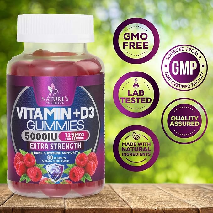 Vitamin D3 Supplement Gummy 5000 IU (125 mcg) Dietary Vitamins D for Men & Women - Bone, Teeth, Muscle and Immune Health Support, High Potency VIT D3 Nature's Non-GMO & Gluten Free - 60 Gummies