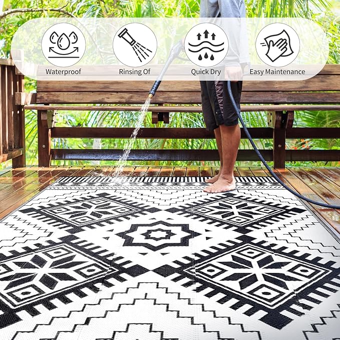 Waterproof Outdoor Rug 9x12ft, Boho Reversible Plastic Straw Mat for Patio RV Deck Porch Backyard Balcony Camping Picnic Beach Indoor Outdoor Carpet, Black&White