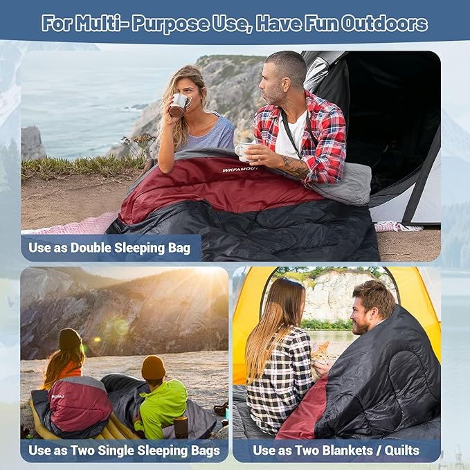 Cotton Flannel Double Sleeping Bag for Adults Machine Washable 2 Person Camping Sleeping Bag Queen Size Waterproof with Compression Sack for Cold Weather 3-4 Seasons