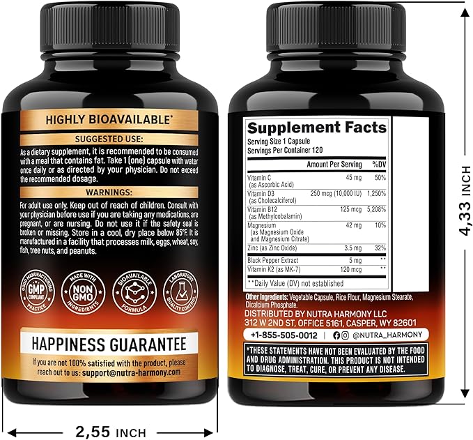 Vitamin D3 K2 - Vitamin D3 10000 iu & K2 as MK-7 120 mcg - Immune & Mood Support, for Bone & Teeth Health - with Magnesium, Zinc & Vitamin C & B12 - Highly Bioavailable - Made in USA, 120 Capsules