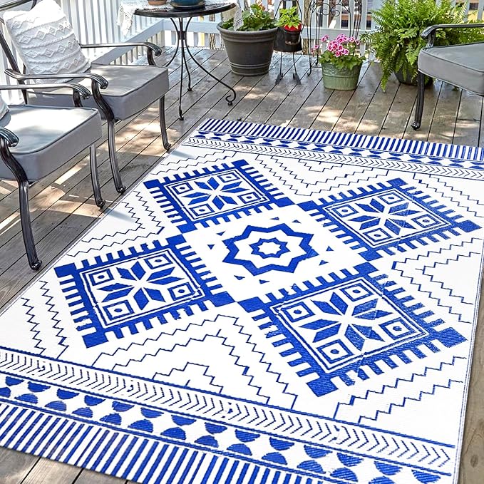 Waterproof Outdoor Rug 5x8ft, Boho Reversible Plastic Straw Mat for Patio RV Deck Porch Backyard Balcony Camping Picnic Beach Indoor Outdoor Carpet, Blue&White