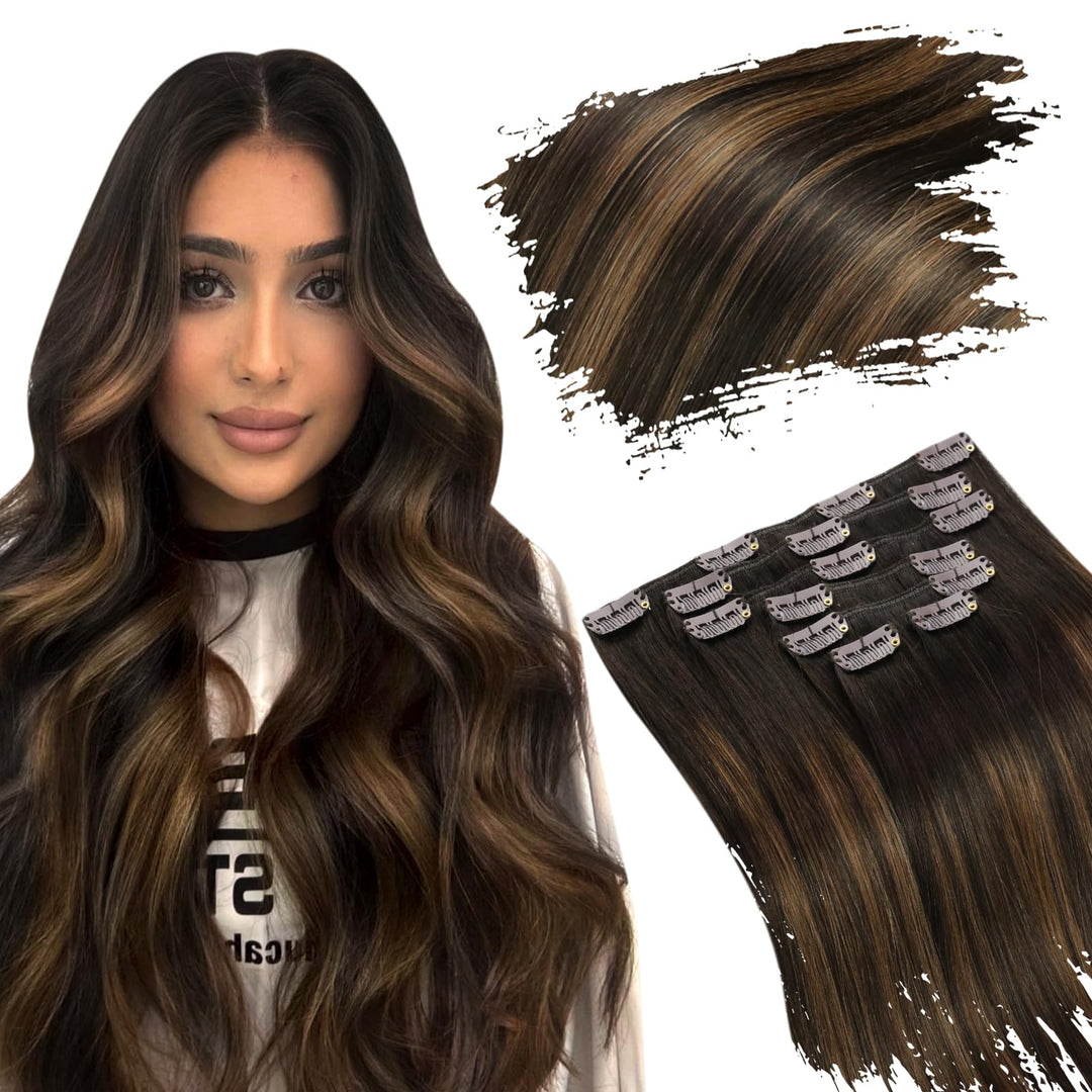 Ugeat Clip In Hair Extensions Real Human Hair Balayage Darkest Brown Hair Extensions Clip Ins Real Human Hair Brunette Balayage