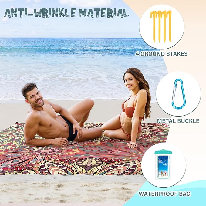 Beach Blanket Waterproof Sandproof 1-7 Adult Oversized 78 '' × 81 '' Lightweight Durable Compact Sand Free Beach Mat for Travel Camping Hiking Picnic Blanket Extra Large