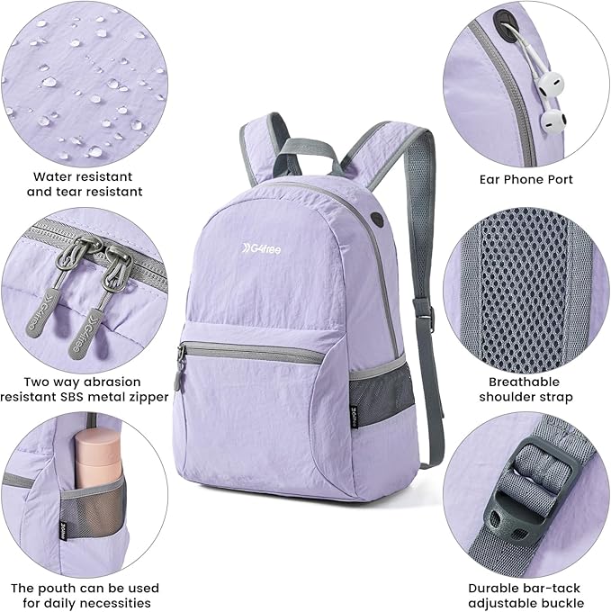 G4Free 20L Lightweight Packable Backpack Travel Hiking Daypack Foldable Backpack for Men Women(Light Purple)