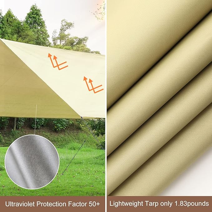 P1ancamp 10×10FT Camping Tarp with 2×6.6FT Poles, Waterproof & Lightweight Tent Tarp, Rain Fly Sun Shelter, 210D Oxford UPF50+ Shelter can Used with Car,Tent & Hammock for Picnic, Garden & Outdoor