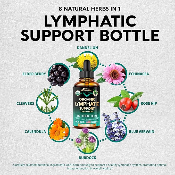 USDA Organic Lymphatic Drainage Supplement - Echinacea | Elderberry | Dandelion | Rosehip | Cleavers | Calendula | Burdock - Made in USA - Lymph System Drops - Immune Support, Cleanse & Detox, 3 Pack