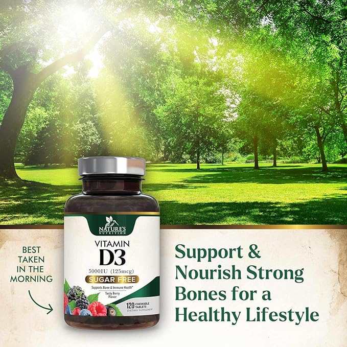 Vitamin D3 5000 IU (125 mcg) - Chewable Vitamin D Supplements for Bone, Teeth, Muscle & Immune Support, Sugar Free, Non-GMO, Gluten Free, Nature's Extra Strength D3 Vitamin - 120 Chewable Tablets