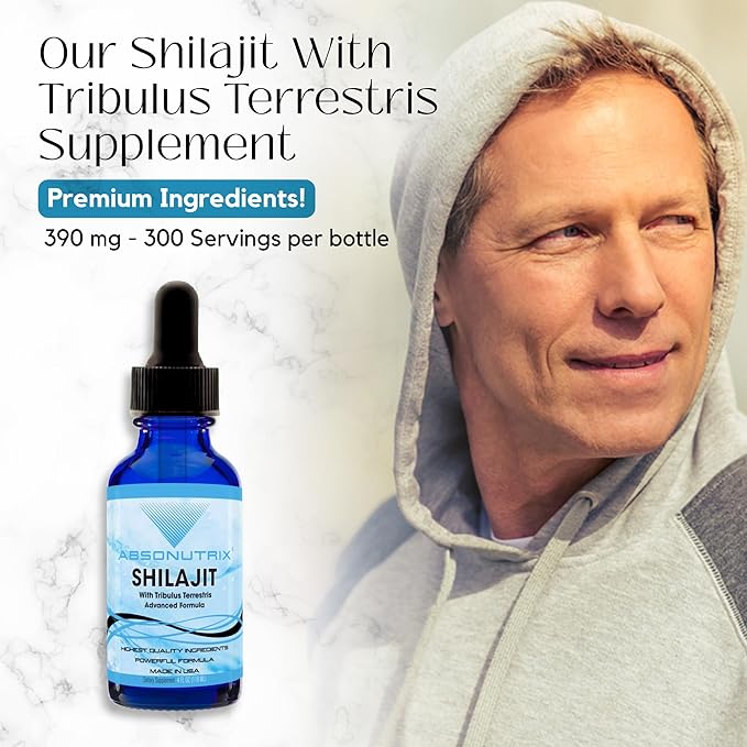 Absonutrix Shilajit with Tribulus Terrestris 390 mg, 4 Oz Liquid, 300 Servings, Made in USA, Quick Absorption, Quality Potent Ingredients, Non-GMO, GMP Certified Facility, Cruelty-Free Products