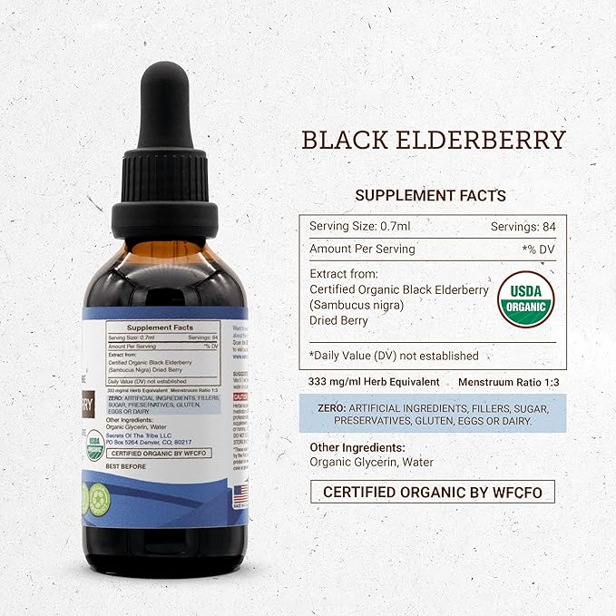 Black Elderberry USDA Organic Tincture | Alcohol-FREE Extract, High-Potency Herbal Drops, Immune System Health | Made from 100% Certified Organic Black Elderberry (Sambucus Nigra) 2 oz