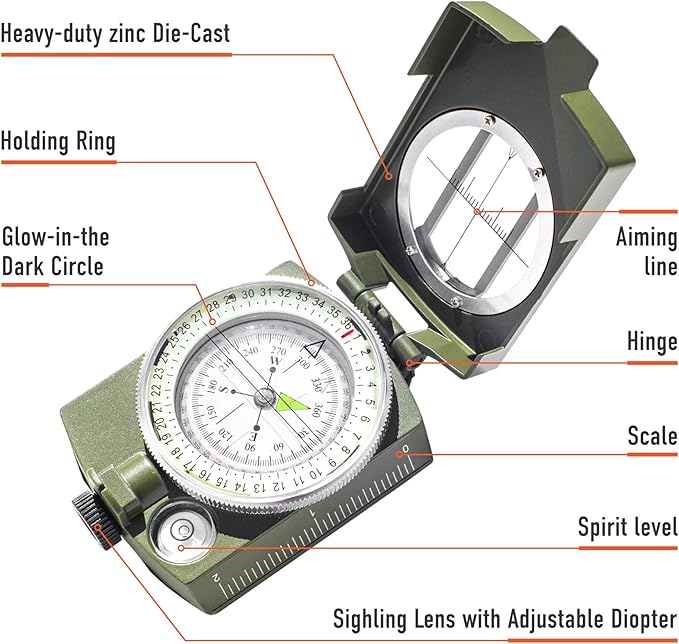 TurnOnSport Lensatic Military Compass - Tritium Compass with Pouch for Hiking, Camping, Backpacking & Survival Navigation