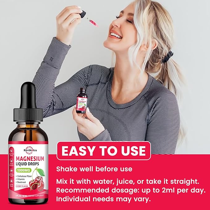 2 Pack Magnesium Glycinate Liquid Drops, 1000mg of Magnesium Glycinate, Taurate & Citrate Liquid Drops for Bone, Sleep, Calm, Muscle, Energy & Relaxation, High Absorption, Sugar-Free Cherry Flavor