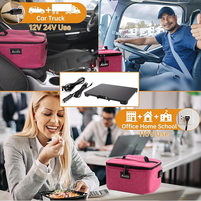Aotto Portable Electric Lunch Box Food Heater, 12V/24V/110V 3-in-1 Car Food Warmer Heated Lunch Box for Adults, Cook, Reheat & Keep Meals Warm for Car, Truck, Travel, Work, Home - Pink