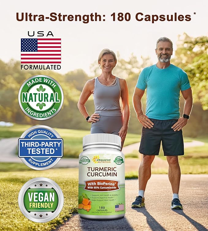 aSquared Nutrition Turmeric Curcumin 1300mg with BioPerine Black Pepper Extract - 180 Capsules - with 95% Curcuminoids, 100% Natural Tumeric Root Powder Supplements, Pure & Joint Stiffness Pills
