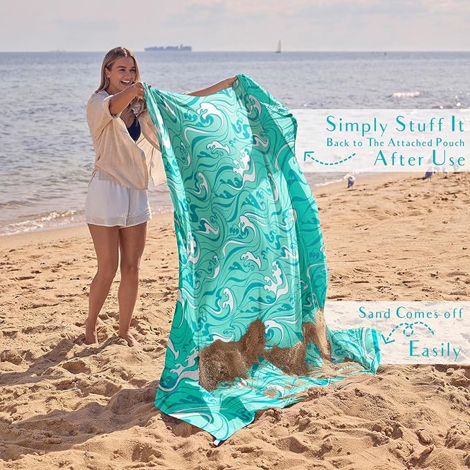 WEKAPO Beach Blanket Waterproof Sandproof Oversized Extra Large Sand Free Beach Mat with Stakes, Storage Bag - Essentials for Outdoor Beach, Picnic (Turquoise Ocean Waves, 11 X 9 FT (1~10 Person))