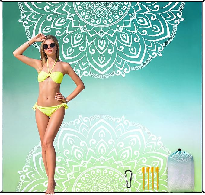 Beach Blanket, Wateresistant Sandproof Sand Free Beach Mat with Corner Pockets Portable Bag for Beach Festival,Picnic,Travel and Outdoor Camping Activties (Mandarin-Green,79"×83"(4 Person))
